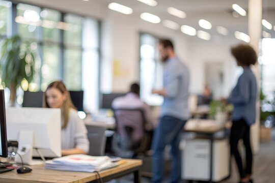 Business office with blurred people casual wear, with blurred bokeh background