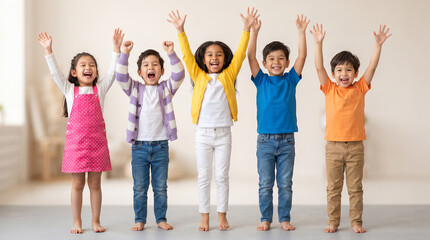 Obraz premium Group of diverse children with raised arms and joyful expressions, symbolizing happiness, unity, and childhood wonder, ideal for celebration themes