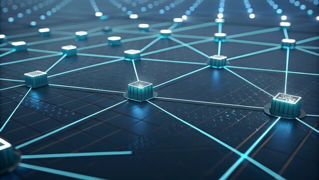Minimalist glowing holographic network grid connecting abstract server nodes on a deep navy blue background, subtle cyan light rays, clean corporate IT infrastructure concept, large empty area for typ
