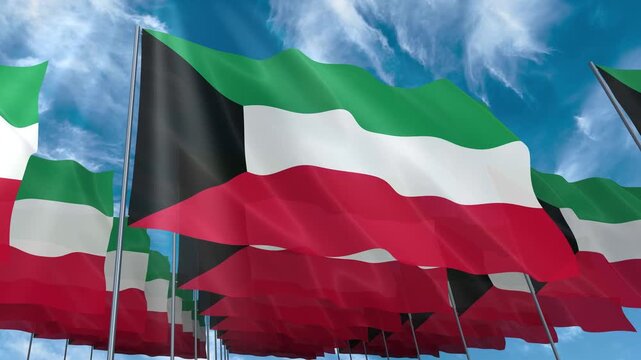 Multiple Kuwait flags seamless looping waving on blue sky