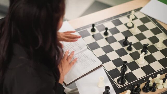 Close up of young woman studying chess strategy from open book while playing on checkered board. Her hands move pieces as woman references text with soft lighting highlighting her focused