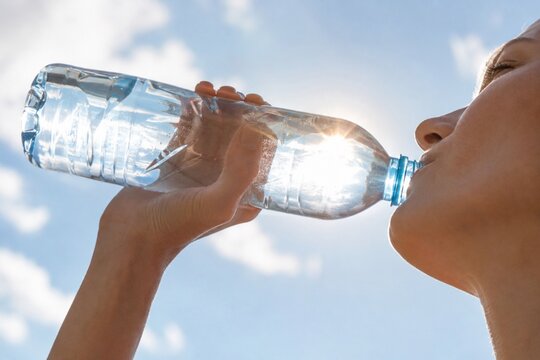 Woman drinking water from bottle outdoors