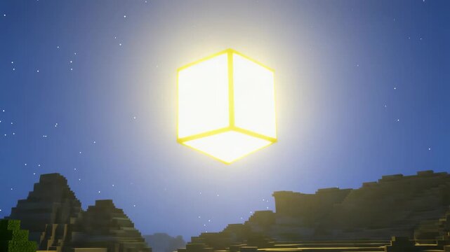 Glowing golden cube floating in blocky pixel game landscape at twilight, sandbox gaming world, digital adventure, fantasy exploration, virtual gameplay.