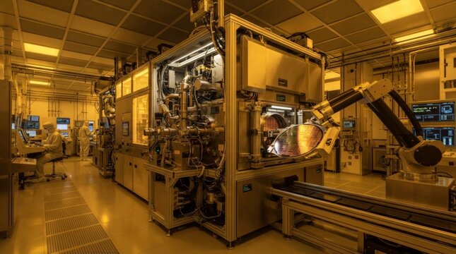 Advanced Semiconductor Manufacturing Facility with Robotic Arm Processing Silicon Wafers in Cleanroom