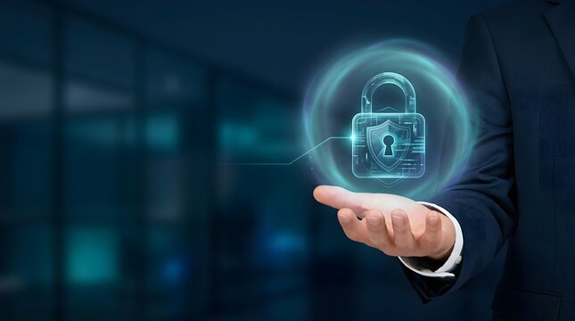 Cyber Security and Data Protection Concept with Businessman Holding Glowing Digital Padlock Hologram.