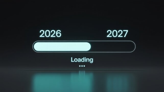 Loading progress bar with years 2026 and 2027 on dark background