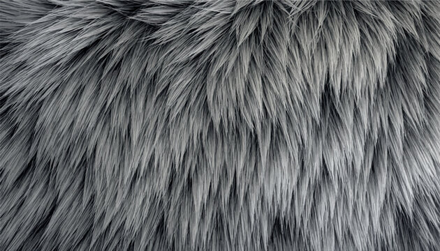 Grey fur texture background, vector illustration of  fluffy animal coat in monochrome tones. High-detail soft hair backdrop for creative digital designs, banners, and textile print project.