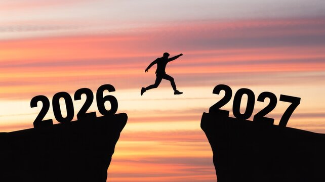 Person jumping between 2026 and 2027 year stones at sunset