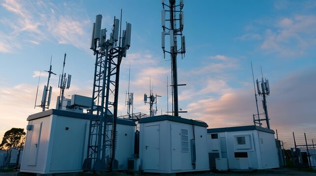 Telecom base station with multiple antenna towers and white equipment shelters under a partly cloudy sky at dusk