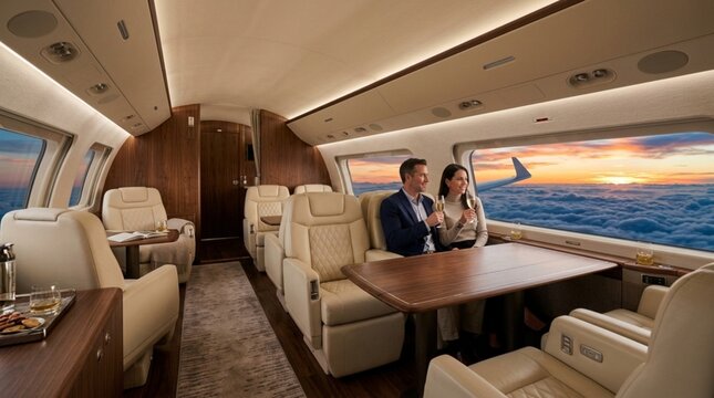 Wealthy Couple Enjoying Champagne in Luxury Private Jet Cabin During Sunset Flight Over the Clouds