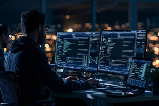 Software developer working late at night on multiple computer screens with lines of code in office