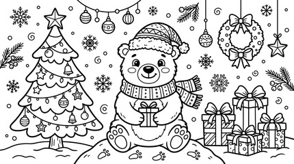 Fototapeta premium Cute Christmas Bear Coloring Page for Kids