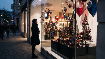 Naklejka premium Woman looks at festive Christmas display showcasing geometric trees with red ornaments and blue, red lanterns symbolizing holiday spirit and retail.