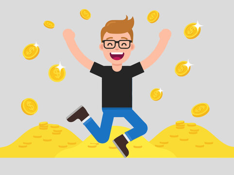 Happy man jumping among falling gold coins and piles of money, symbolizing wealth and financial success.