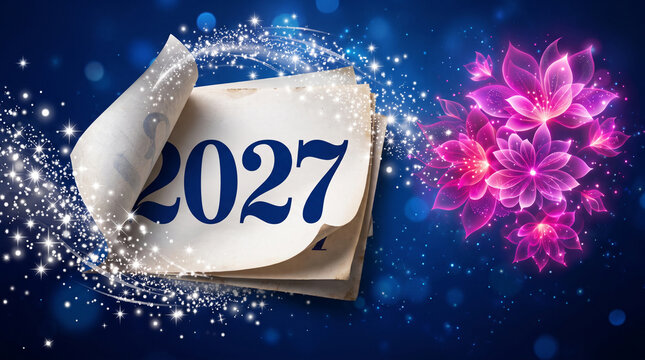 A paper calendar page flips to reveal the year 2027, surrounded by sparkling lights and luminous floral elements, symbolizing future, celebration, and new beginnings