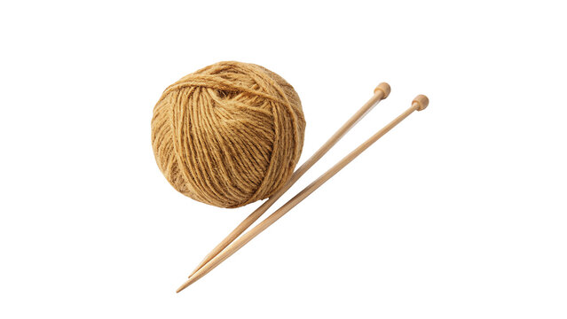 Ball of brown wool yarn with knitting needles craft hobby isolated on transparent background