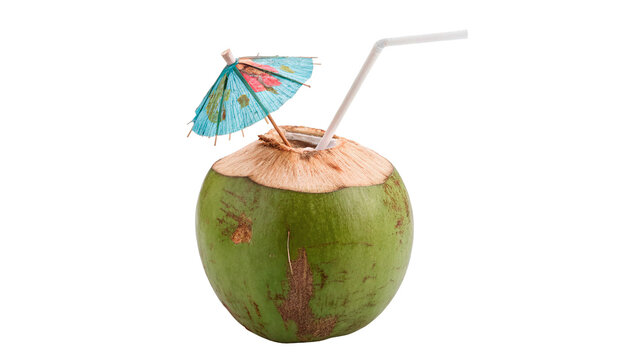 Fresh tropical coconut drink cocktail with straw summer holiday isolated on transparent background