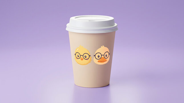 Cute Coffee Cup with Cartoon Chick and Duck Wearing Glasses Illustration on Purple Background