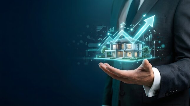 Businessman Holding Hologram of Modern House with Growing Financial Graph. Real Estate Investment and Property Value Increase Concept.
