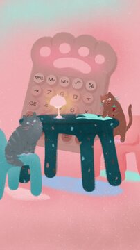 Cute Kitty Cats Budgeting with Calculator, Funny Hand-Drawn Finance Illustration Animated GIF 2d Animation 