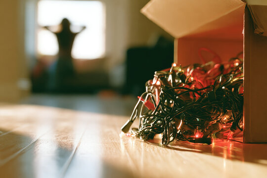 Tangled Christmas lights create holiday frustration spilling from cardboard storage box across polished wood floor, with blurred homeowner near bright window and open space above for text