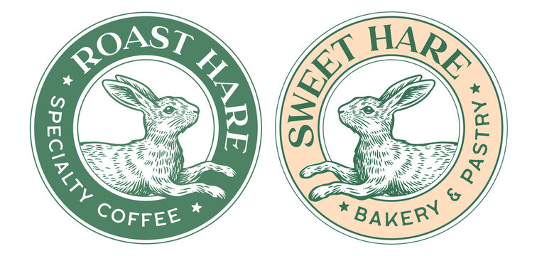 Hare, rabbit sketch. Vintage coffee bakery roast sign collection, circular engraved coffee bakery badges, sweet pastry emblem, specialty coffee bakery roast shop sticker. Vector Illustration