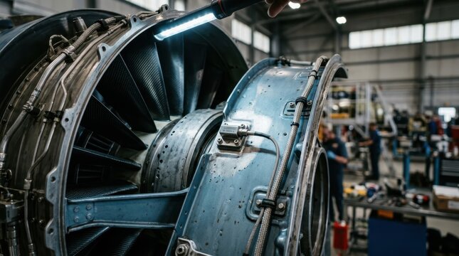 Open turbofan nacelle with vibration sensor and inspection light for aircraft engine maintenance
