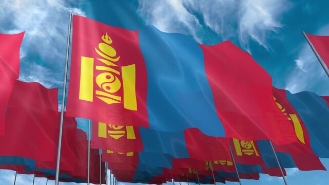 Multiple Mongolia flags seamless looping waving on blue sky
