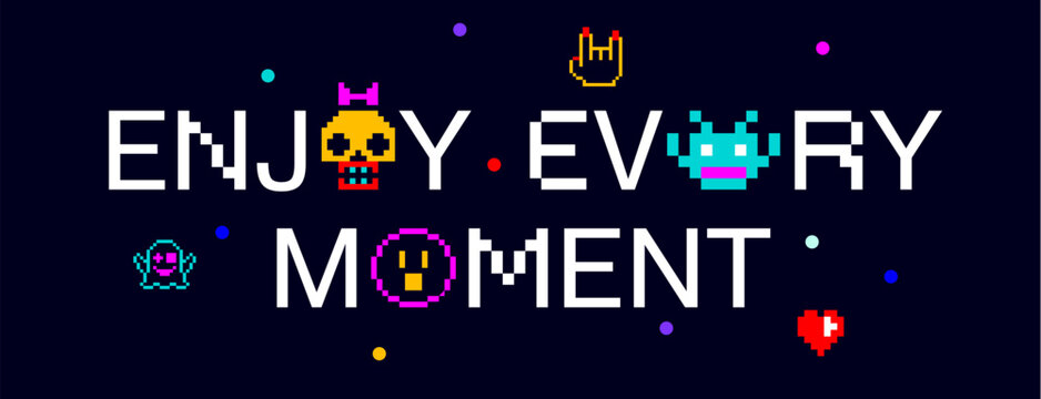 Enjoy every Moment. Funny banner, speech bubble, poster sticker concept. Geometric colorful style for fun, bright party, with text enjoy. Phrase, text, message Enjoy. Vector Illustration