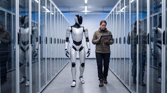 Human and Robot Collaboration in a Futuristic Facility: A person and a humanoid robot walk side-by-side in a sterile, modern facility, with other robots in cubicles.