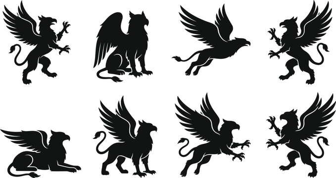 Set of black heraldic griffin silhouettes mythical creature vector icons for logo and crest design