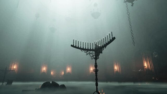 A striking candle holder stands prominently in a fog filled room. Soft light illuminates the space, revealing shadows on the ground and hints of intricate architecture in the background.
