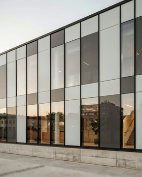 Modern building facade with reflective glass panels and concrete base architecture