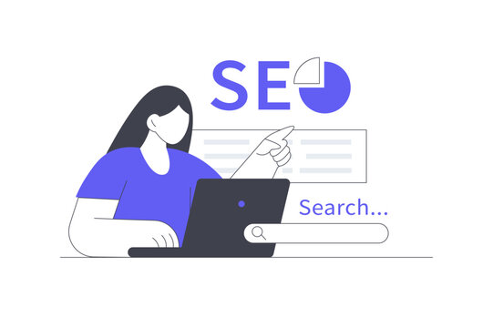 Internet Algorithms Search and SEO Engine Query Optimization. Female Specialist Working on Laptop with SEO Search Bar and Pie Chart Analytics. Flat Cartoon Vector Illustration, icon Stylish abstract 