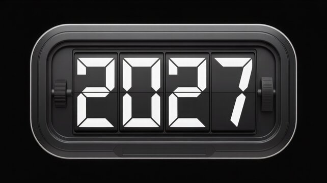 Black digital clock displaying time 2027