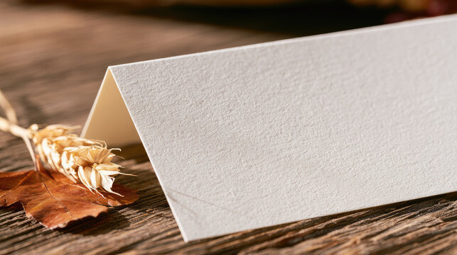 Thanksgiving place card mockup featuring blank cream folded card on rustic wood beside dried wheat and autumn leaf, warm natural daylight, textured paper, shallow focus, copy space