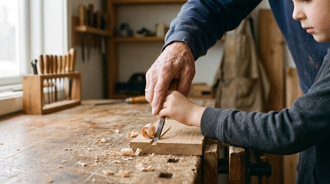 Grandfather teaching grandson woodworking skills in a rustic workshop with hand tools and wood shavings