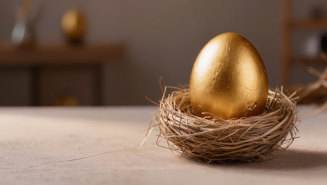 Golden egg in a straw nest with warm lighting, financial investment wealth and retirement savings concept with copy space for text