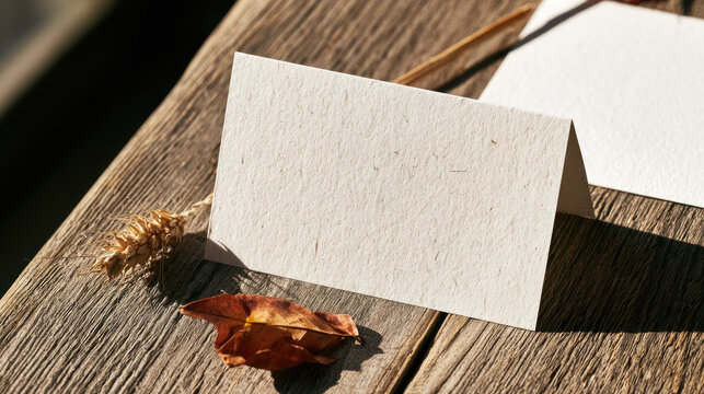 Cream place card mockup on rustic wooden table with dried wheat and autumn leaf in warm natural light, featuring blank paper texture and copy space for seasonal design