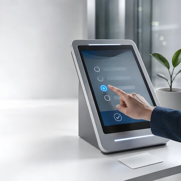 International Day of Democracy voting concept featuring a hand selecting an option on a modern electronic voting machine, symbolizing digital elections, civic participation, and democratic rights.