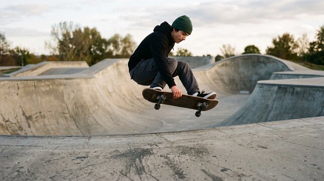 Teenage boy performing a trick on a skateboard in a concrete skatepark during daytime
