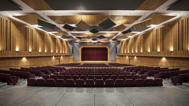 Modern Auditorium Interior with Wood Paneling and Tiered Seating theater