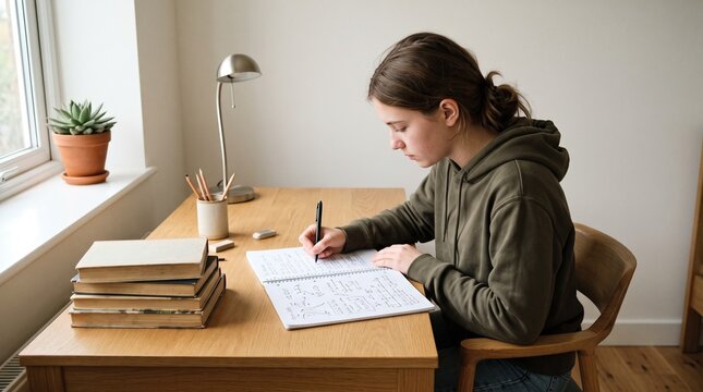 Young woman diligently studying and writing notes in a notebook at a wooden desk with books and a plant nearby