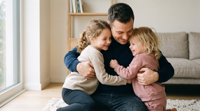 Father embraces his two daughters with love and joy in a warm indoor setting, creating a happy family moment