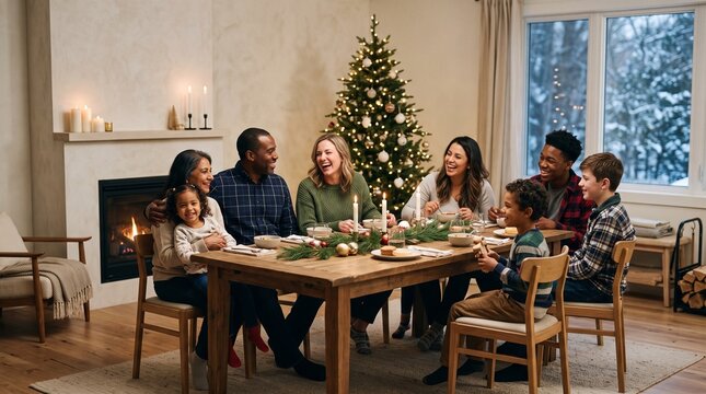 Diverse family enjoys a festive Christmas dinner around a wooden table with a decorated tree and fireplace