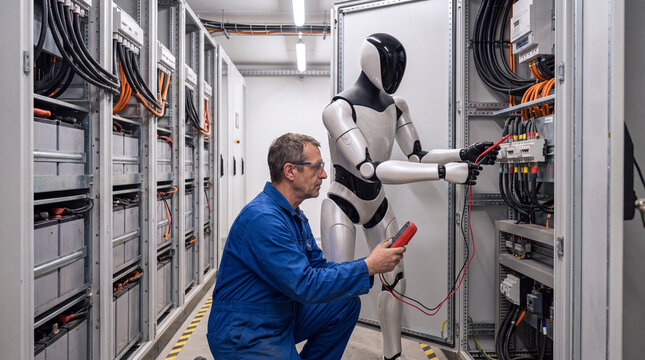 Robotic Assistance in Electrical Room: A human technician works alongside a humanoid robot in a server room, both attending to electrical equipment.