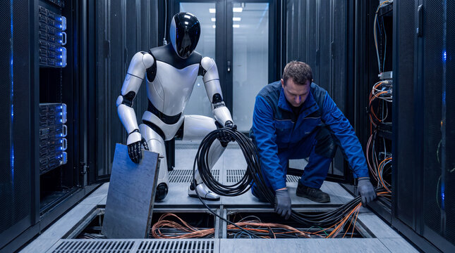 Robot and Technician in Data Center: A humanoid robot and a male technician work together amidst rows of servers in a modern data center, collaborating on intricate cable management.