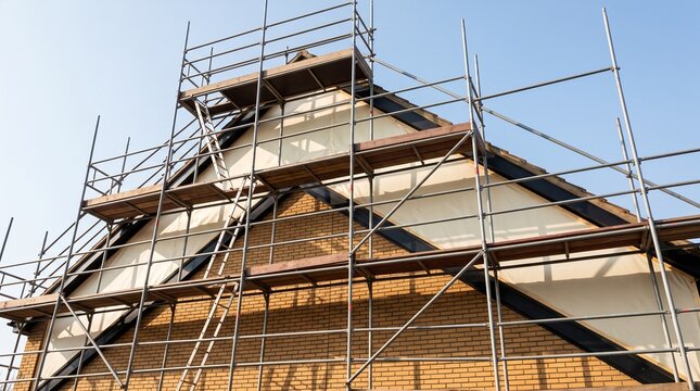 Scaffolding setup on a house facade during roof renovation and construction work