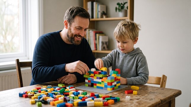 Father and son happily building a colorful toy brick structure together at a wooden table indoors