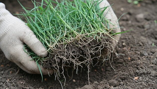 Lifting Interwoven Mat of Fresh Green Durva Grass Stolons from Earth